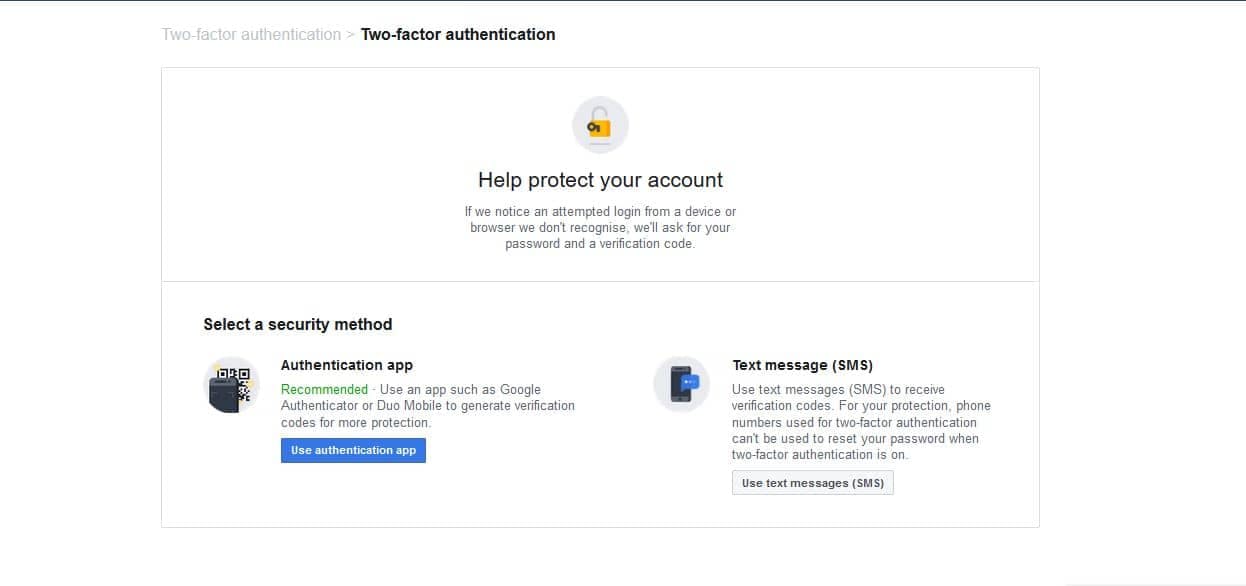 Choose your security method for Two-Factor Authentication