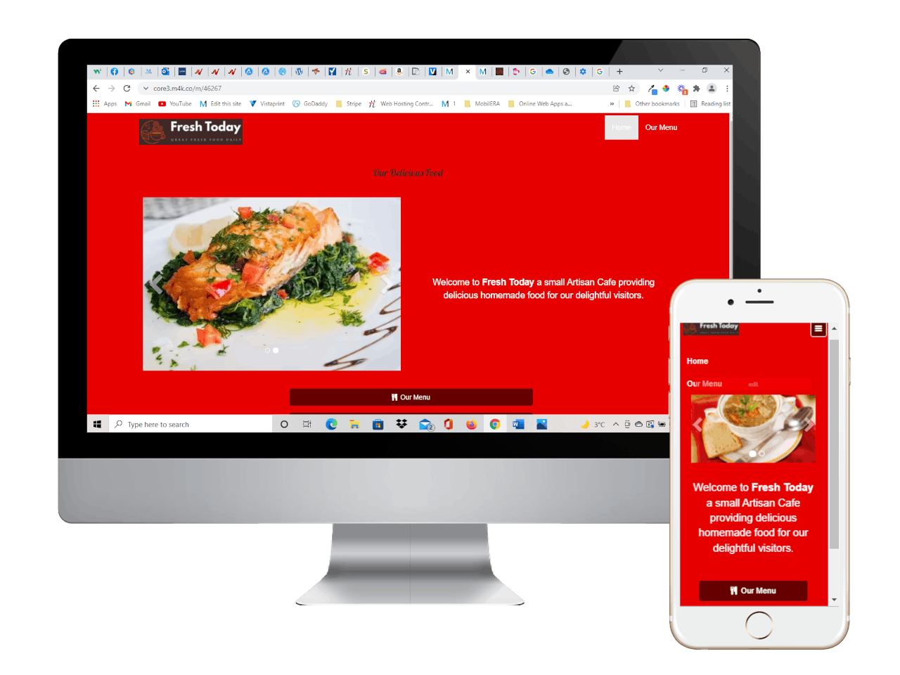 Image of a Digital Food Menu on a PC Monitor and Smartphone