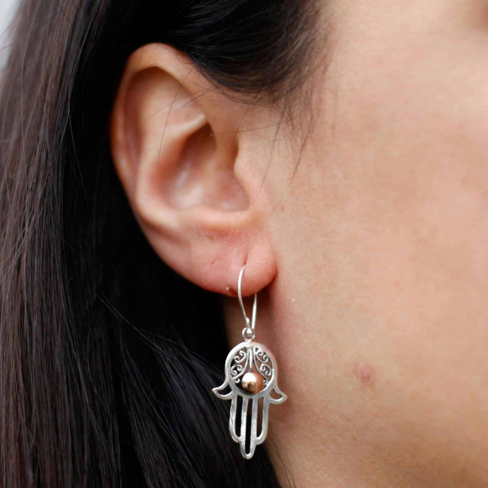 Silver & Gold Earrings - Hamsa Image