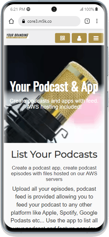 Podcast PWA With Sleek Gold Buttons