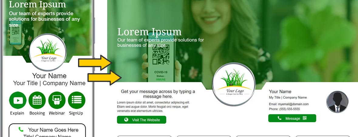 Green MobiFirst template shown on both mobile and desktop.
