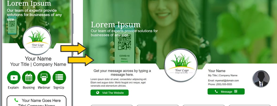 Green MobiFirst template shown on both mobile and desktop.