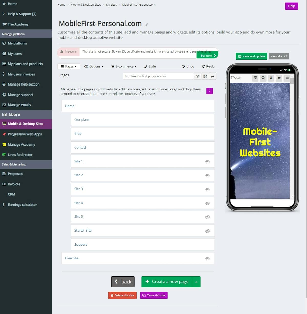 MobileFirst-ZPersponal Websites Editor interface with phone mockup to monitor changes in real time