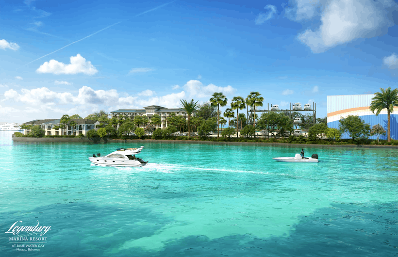 Legendary Blue Water Cay aerial render