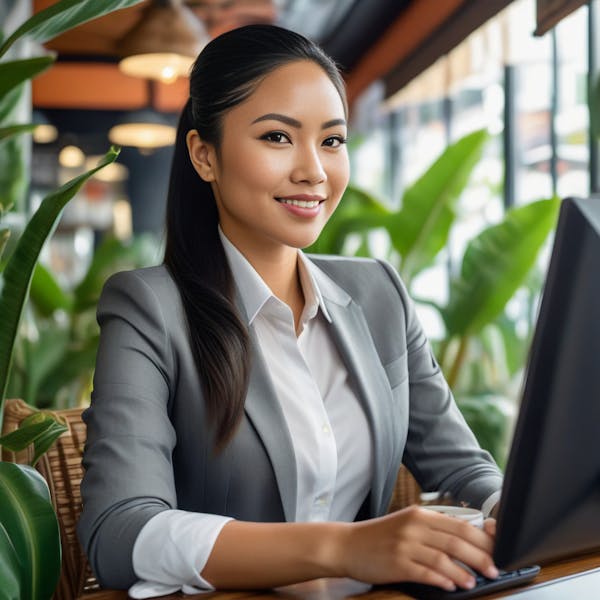 mobifirst philippines image of a young woman sitting in a cafe with her computer and a cup of coffee