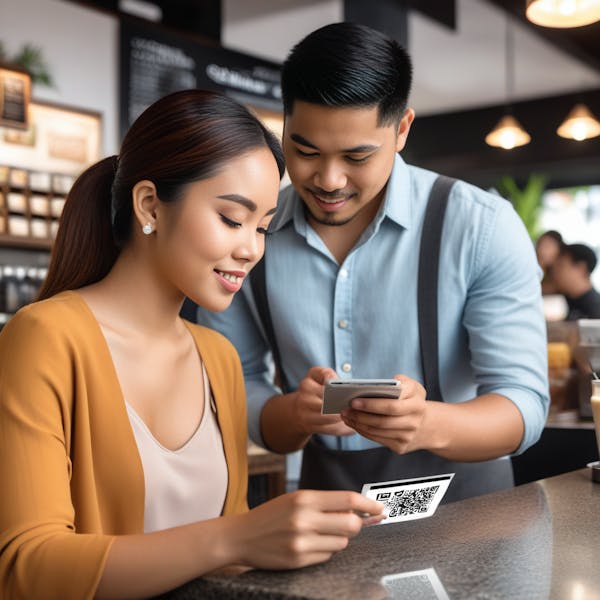 filipino couple scanning a qr code in a cafe