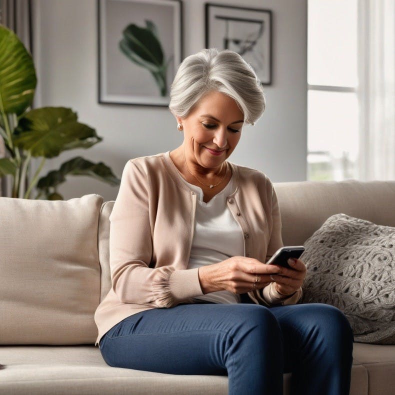 A person sitting on a couch looking at a phoneDescription automatically generated