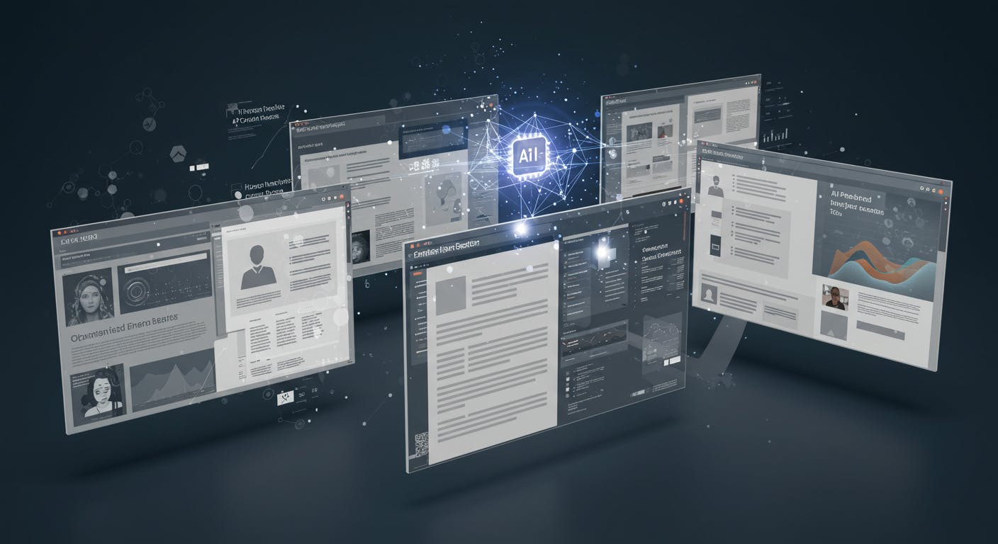 AI-driven content workspace with interactive canvases linked by a neural network, ensuring structured, high-quality content expansion