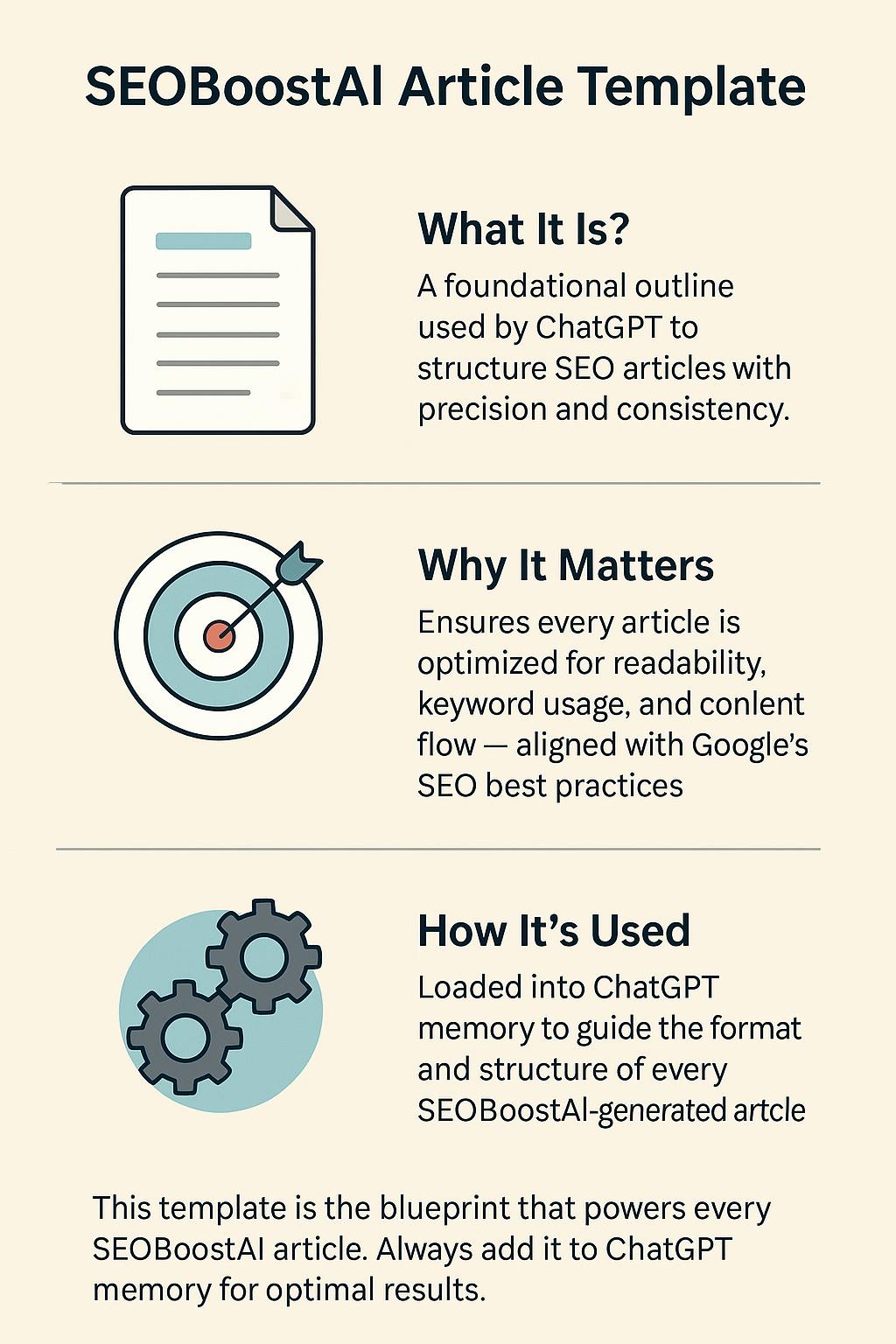 SEOBoostAI Article Template infographic showing how ChatGPT structures SEO content for consistent article creation.