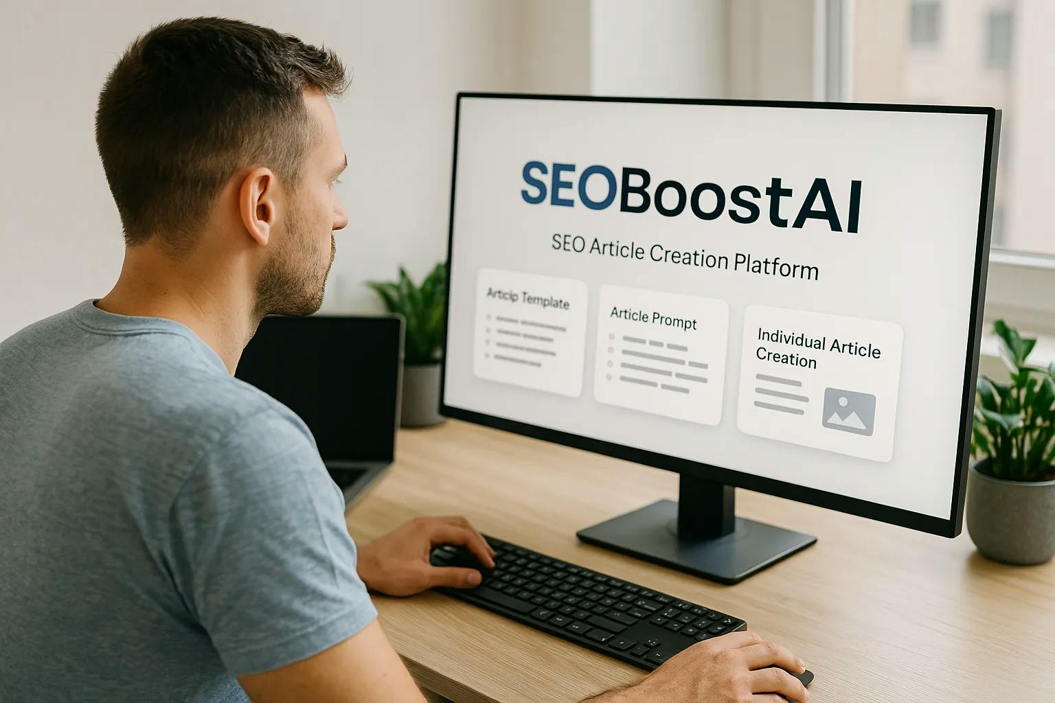 Man at desk using SEOBoostAI on a computer monitor in a clean, professional, and user-friendly workspace.