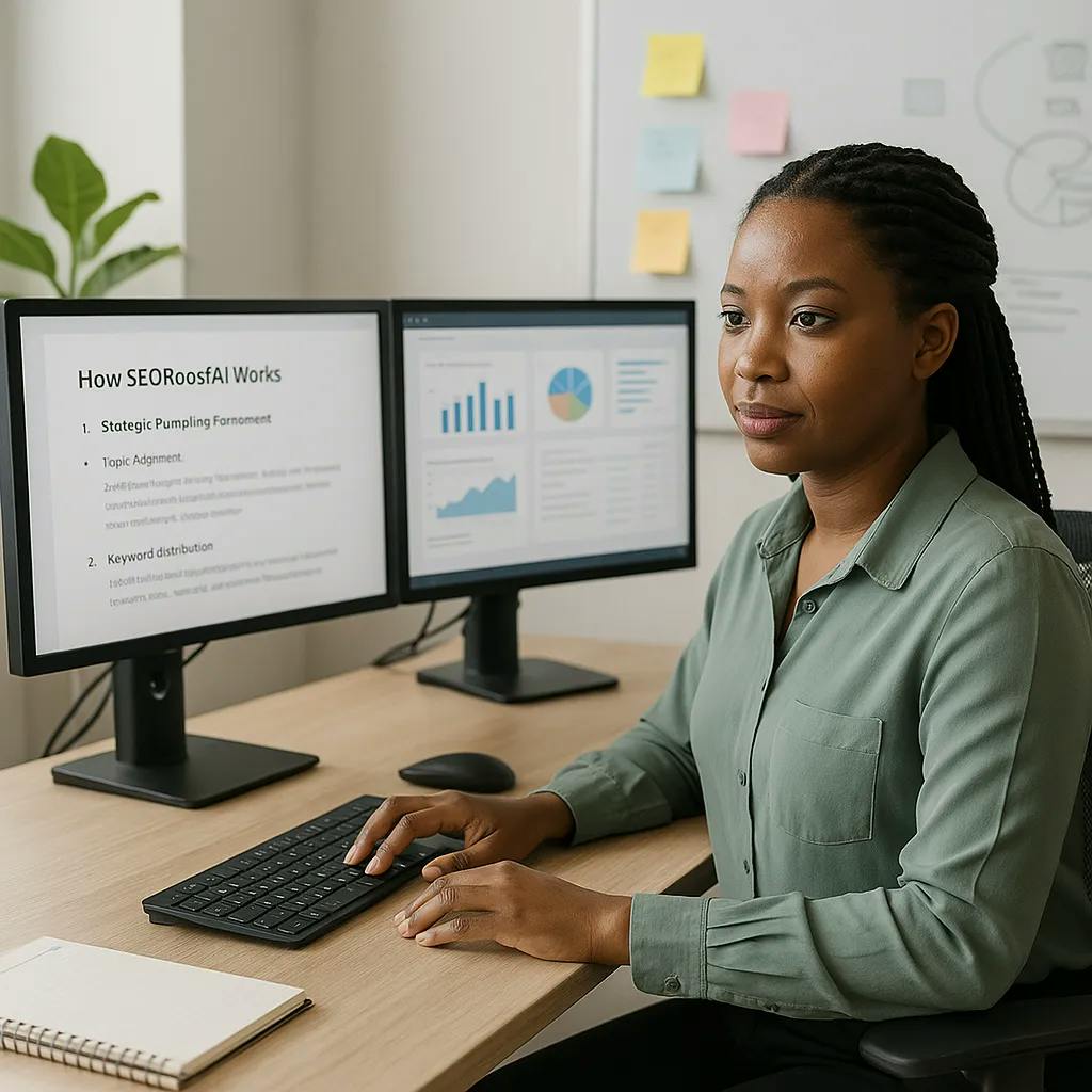 African American woman working at a dual-monitor setup displaying SEOBoostAI’s step-by-step content and analytics workflow.