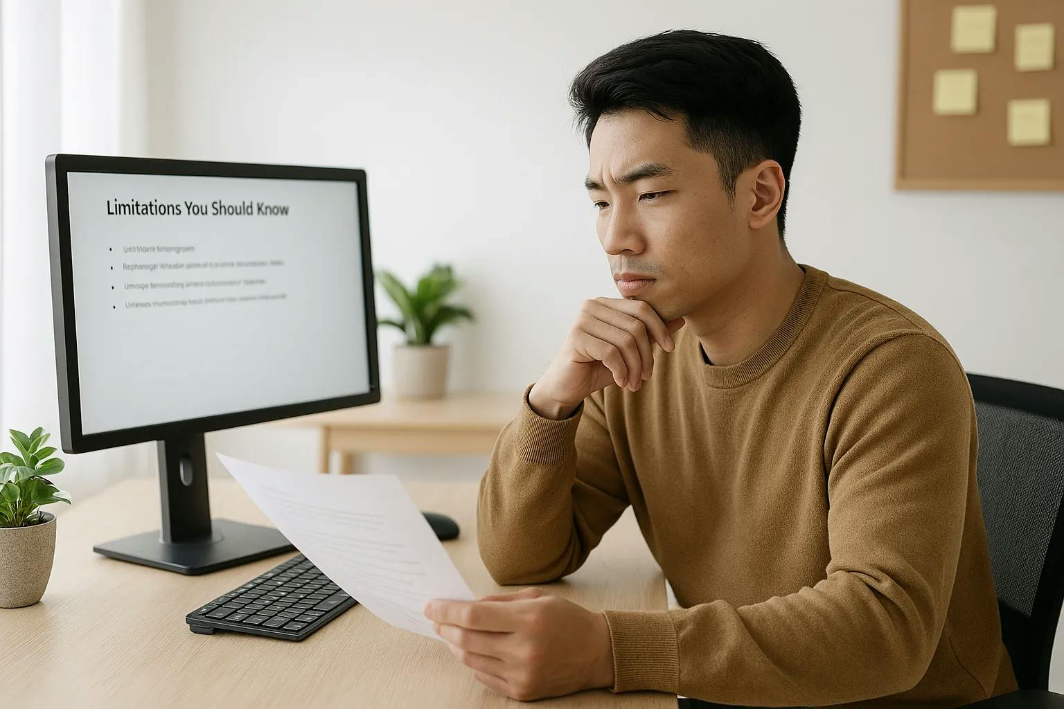 Asian man reviewing a document titled “Limitations You Should Know” at a modern, well-lit desk setup.
