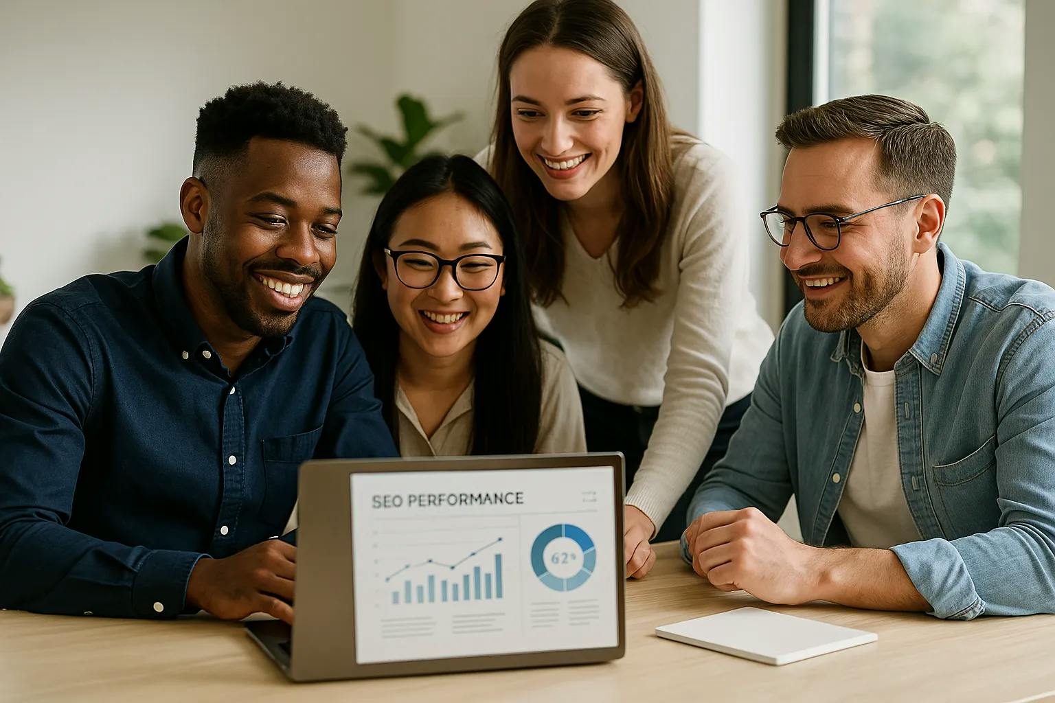 Diverse team of professionals collaborating around a laptop while reviewing SEO results in a bright, modern office.