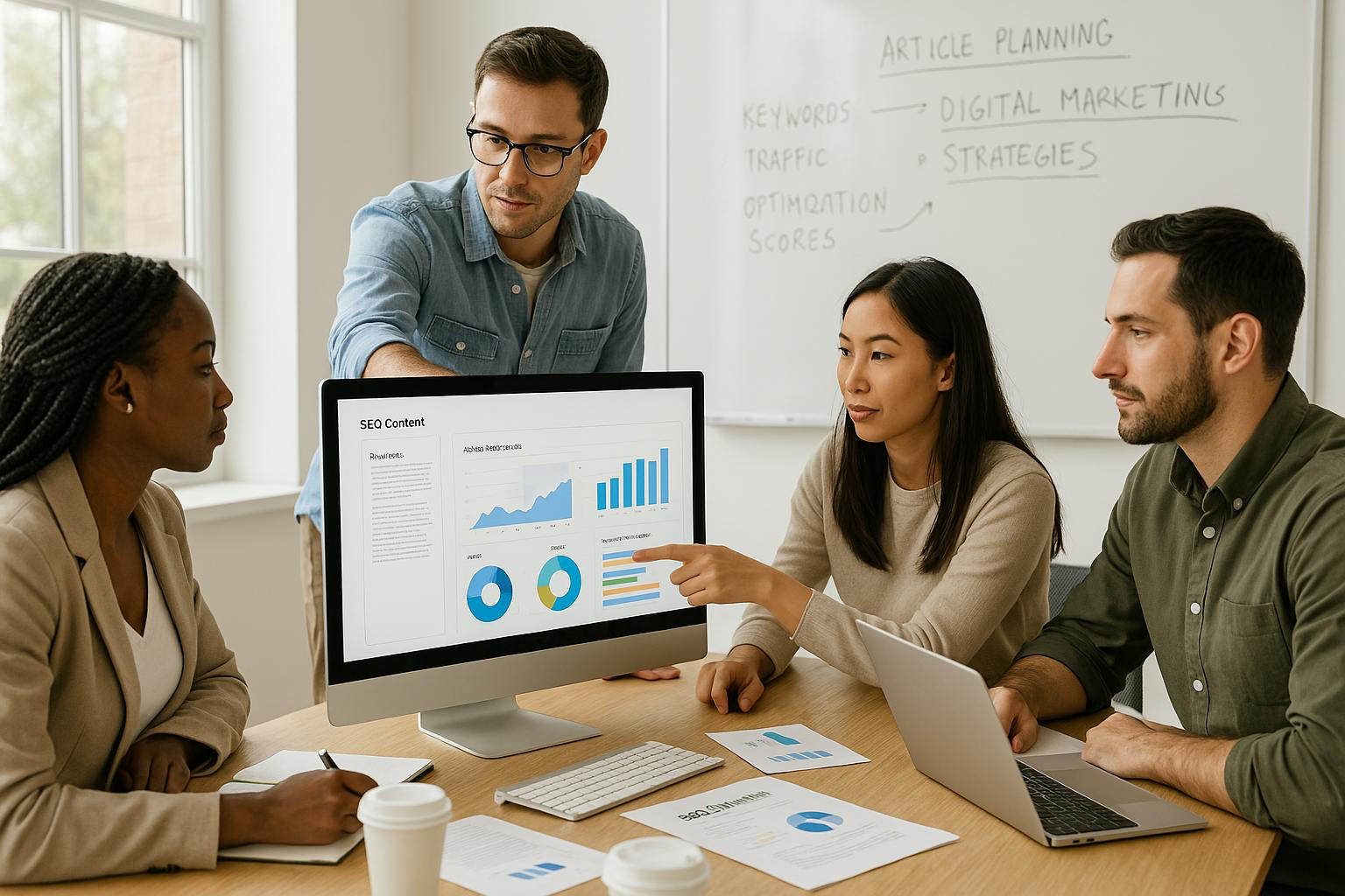 SEO content team using SEOBoostAI to plan high-ranking articles in a modern workspace