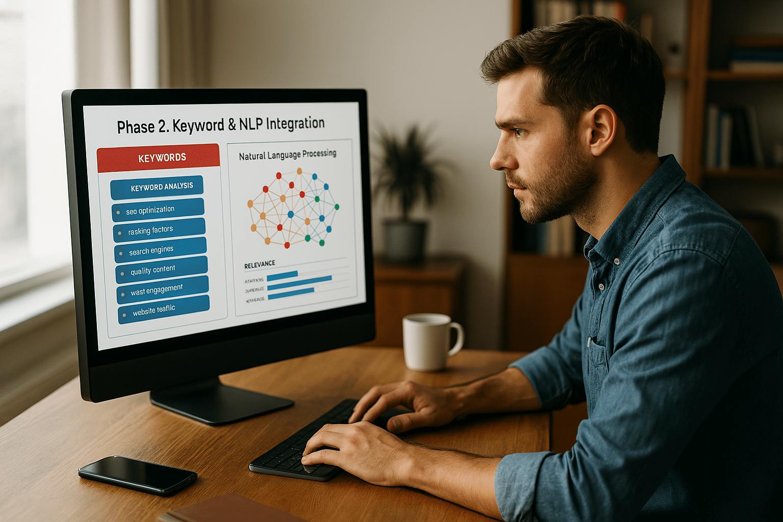 Young man analyzing keyword and NLP data on monitor in bright office, representing AI-driven keyword optimization with SEOBoostAI