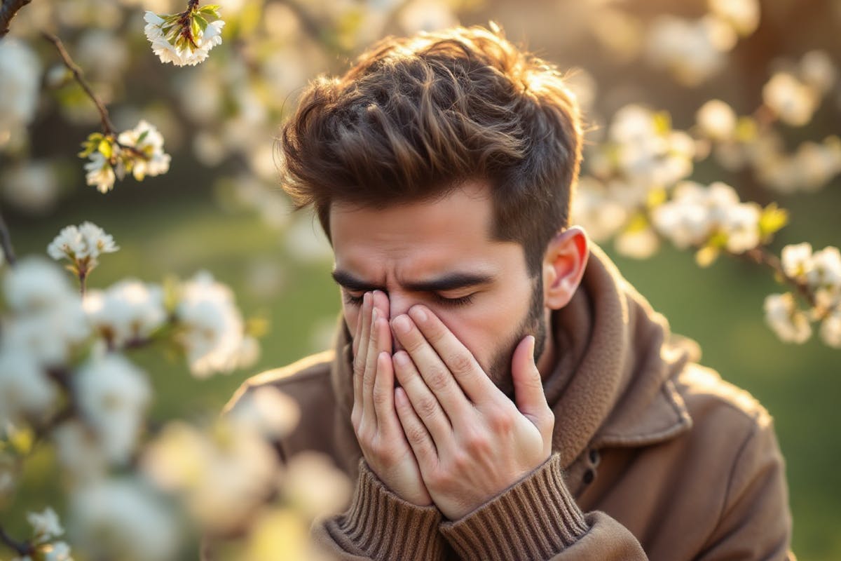 uomo che starnutisce in un campo fiorito