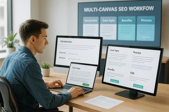 Beginner content creator using a structured multi-canvas SEO writing system in a bright, organized workspace