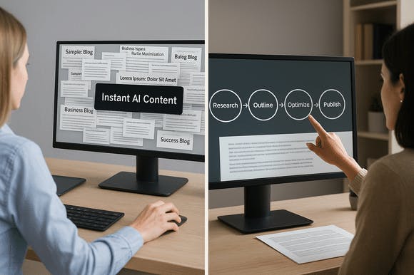 Side-by-side comparison of instant AI content generation versus a structured, SEO-driven content creation process