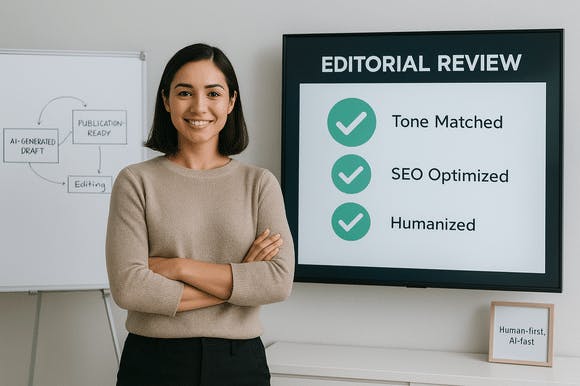 Strategist completing a checklist for humanized AI content with tone, SEO, and engagement confirmed
