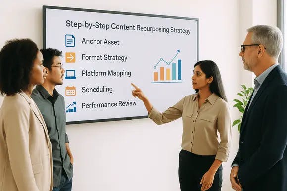 team reviewing a structured five-step strategy for repurposing content