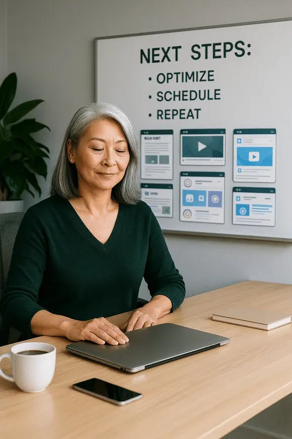 strategist reviewing repurposed content plan with actionable next steps