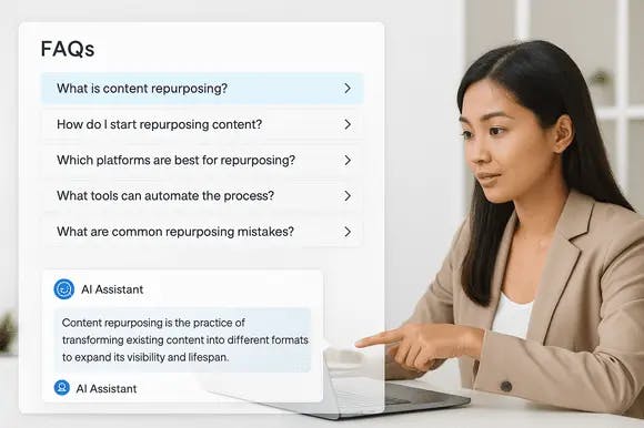 interactive FAQ section showing key repurposing questions with AI-powered assistance