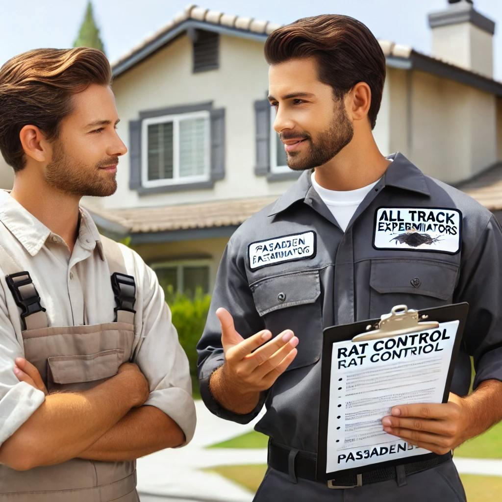 technician All Track Exterminators, standing in front of a Pasadena home speaking to home owner about Rat Control