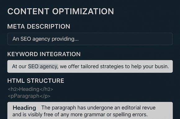 Layered content section showing keyword integration, HTML structure, and editorial enhancements