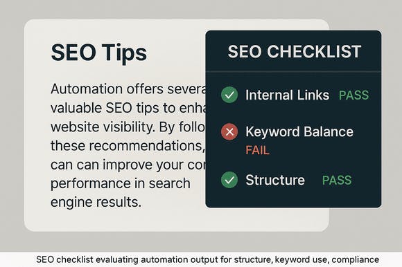 SEO checklist evaluating automation output for structure, keyword use, and compliance
