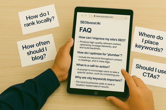 Service provider reviewing common SEO questions on a tablet using SEOBoostAI