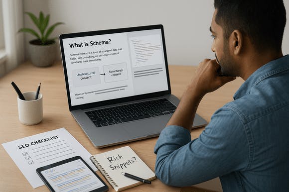 SEO strategist explaining how Google uses schema markup to deliver more relevant and enhanced search results