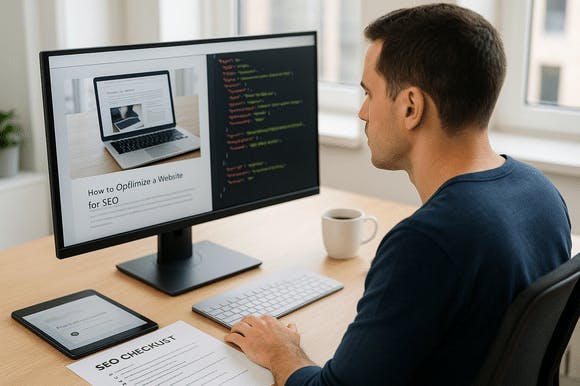 Digital marketer reviewing schema markup and structured data for improved SEO visibility.