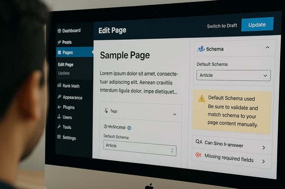 WordPress user reviewing auto-generated schema with a warning to validate for accuracy.