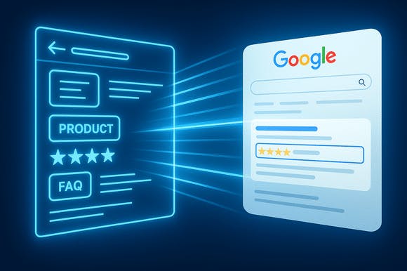 Structured data powering a rich snippet in Google search results with glowing schema markup elements.