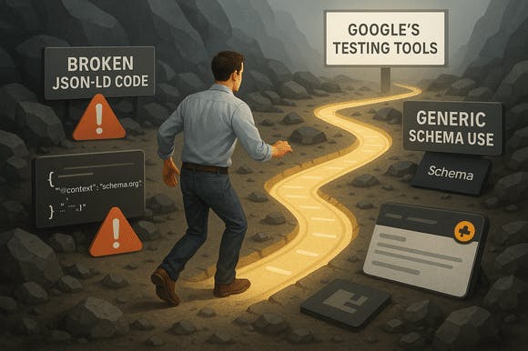A visual metaphor of a site owner avoiding common structured data errors using correct tools and formatting.