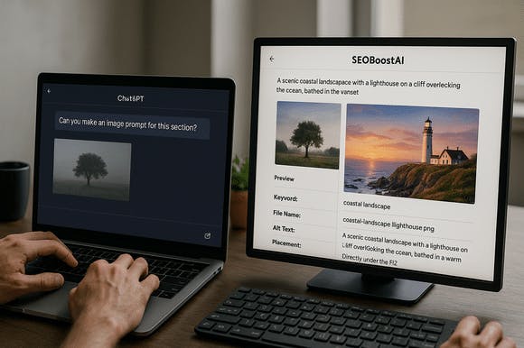 side-by-side view comparing a vague image request with a structured SEOBoostAI prompt that includes metadata and visual planning