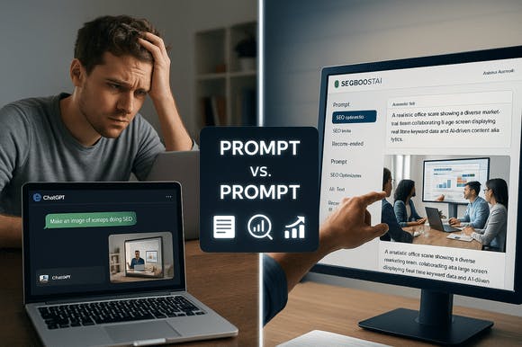 Split-screen showing a frustrated user typing a vague prompt into ChatGPT compared to a clean, detailed SEOBoostAI image prompt interface with SEO metadata and visual alignment.