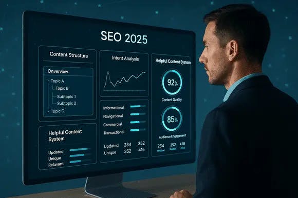 Strategist analyzing a futuristic SEO dashboard with semantic content signals and Helpful Content System metrics