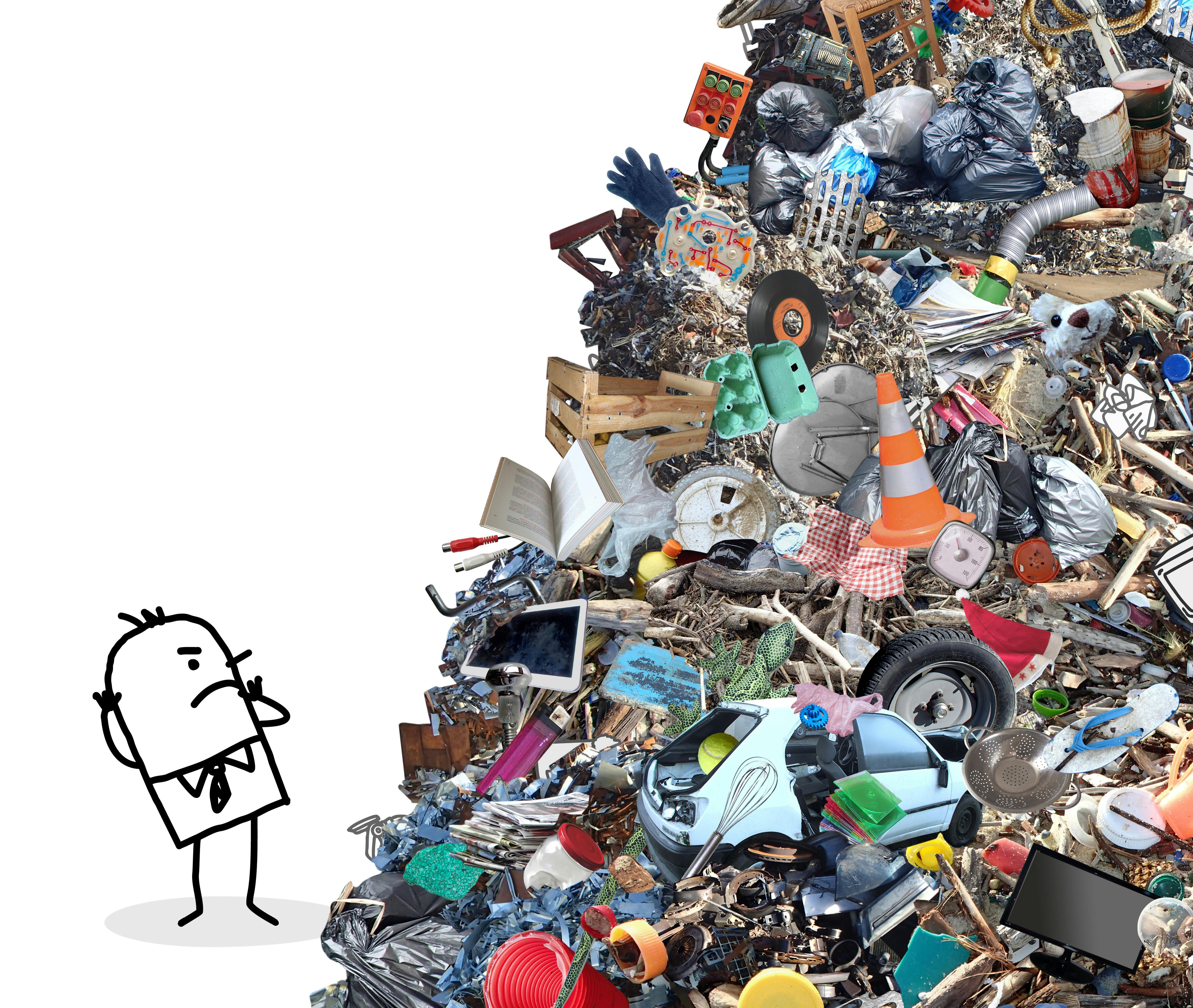 image of stick man looking at a pile of rubbish