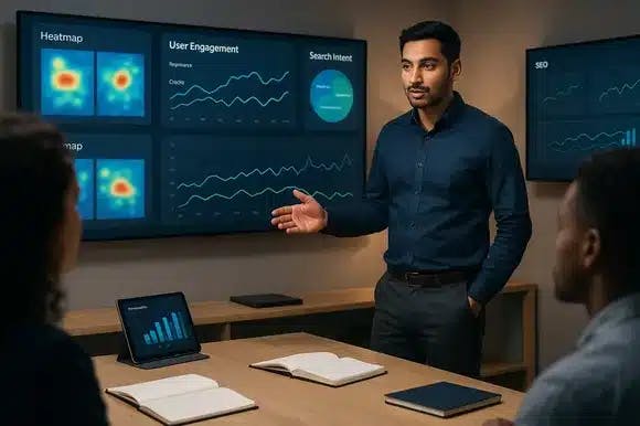 Digital strategist analyzing live engagement metrics and search behavior to inform SEO strategy