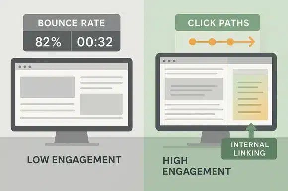Comparison of poor versus strong behavioral SEO performance using engagement signal overlays
