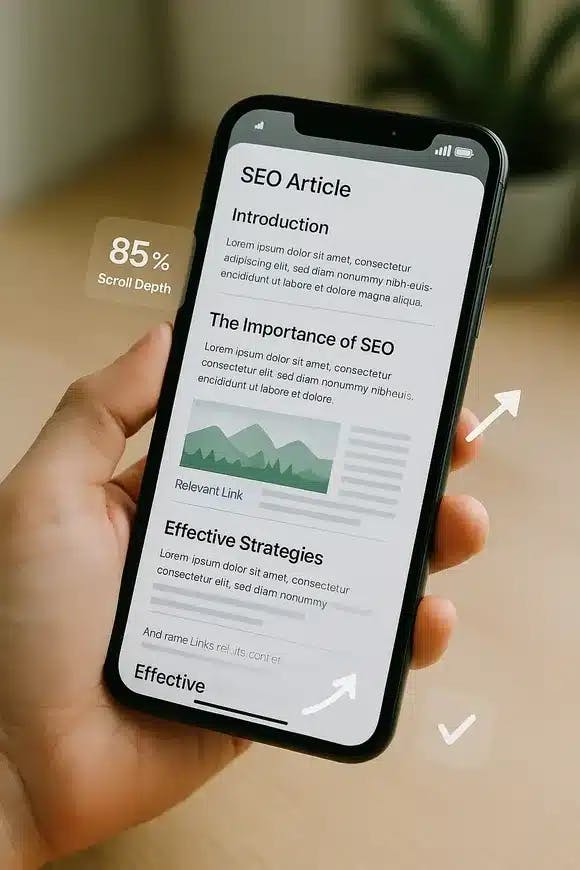 Mobile user scrolling through a structured SEO article with high engagement patterns