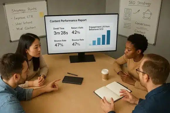 Marketing team analyzing behavioral SEO performance data showing improved engagement and content results
