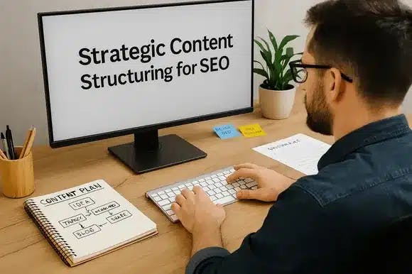 SEO strategist at desk reviewing article structuring plan on monitor, representing SEOBoostAI's strategic content framework for high-ranking articles