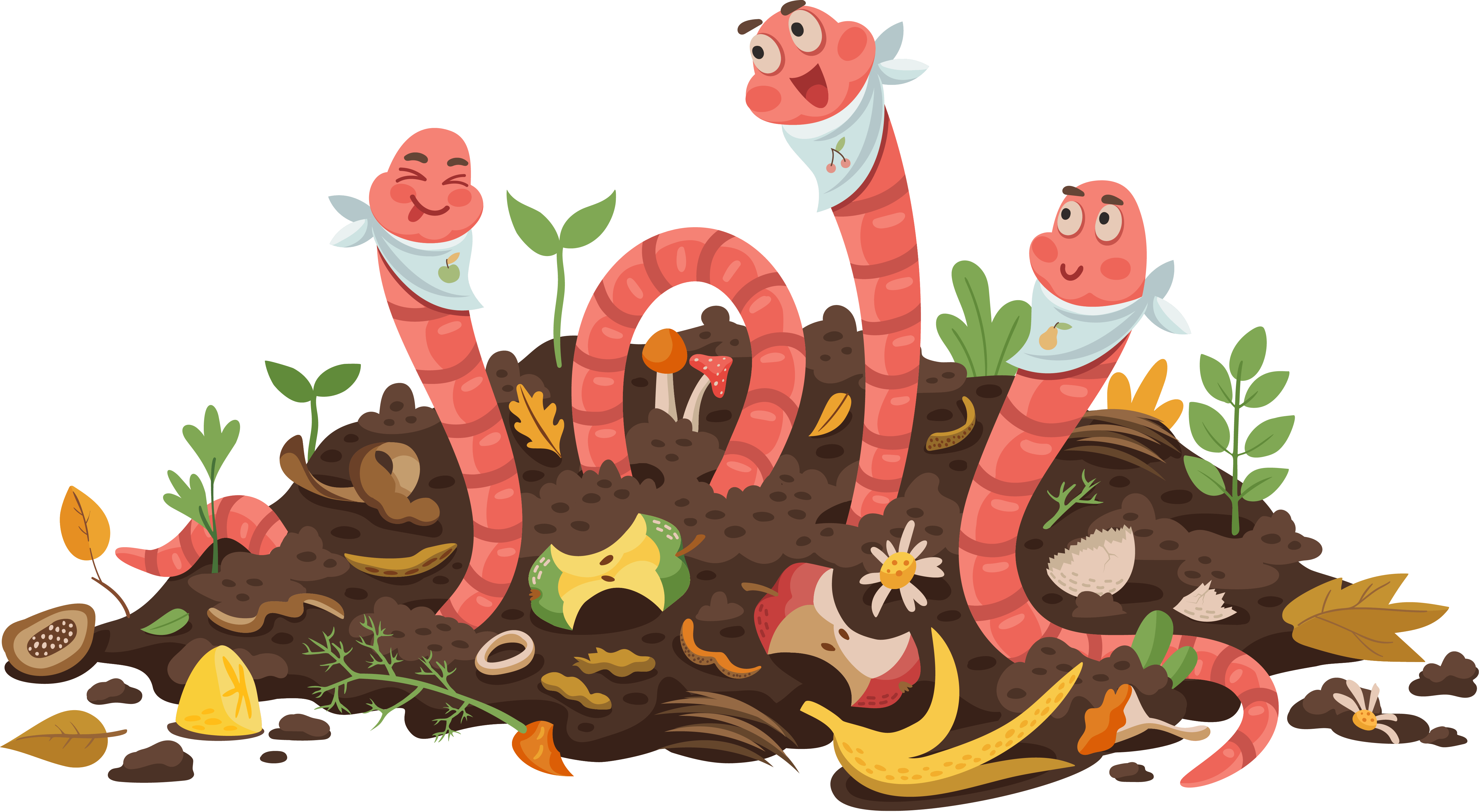 cartoon image of garden soil covered with waste and worms feeding