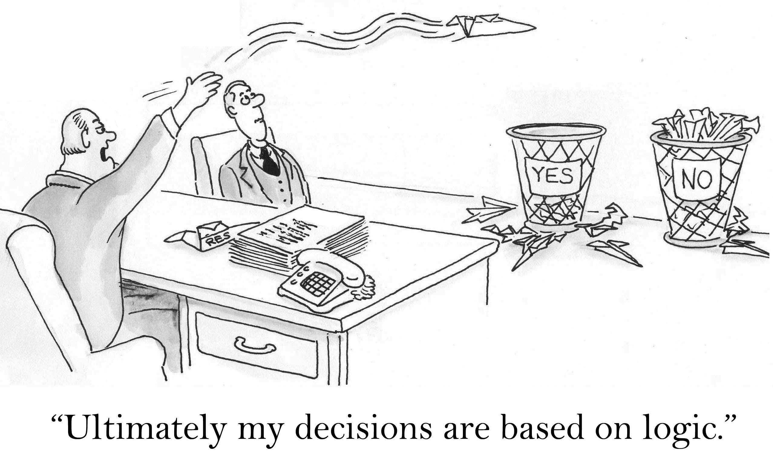 Cartoon of man throwing waste paper at baskets marked 'No' and 'Yes'