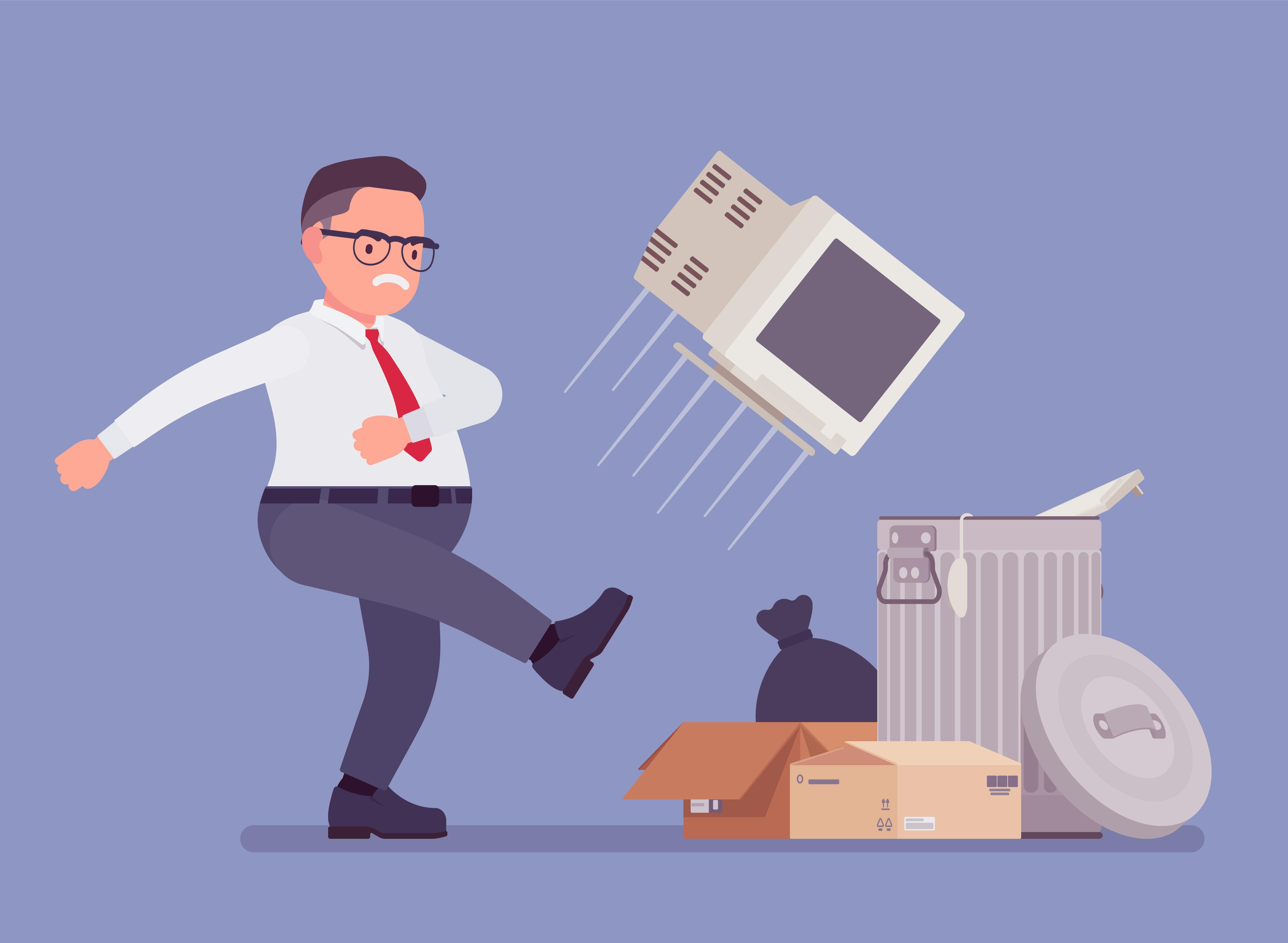 image of a man kicking a computer monitor